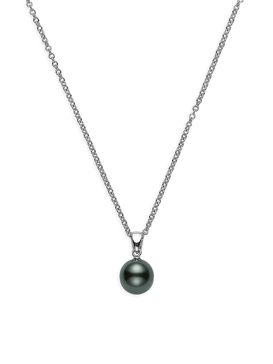 Women's 9MM Black Round Cultured South Sea Pearl & 18K White Gold Pendant Necklace - Pearl