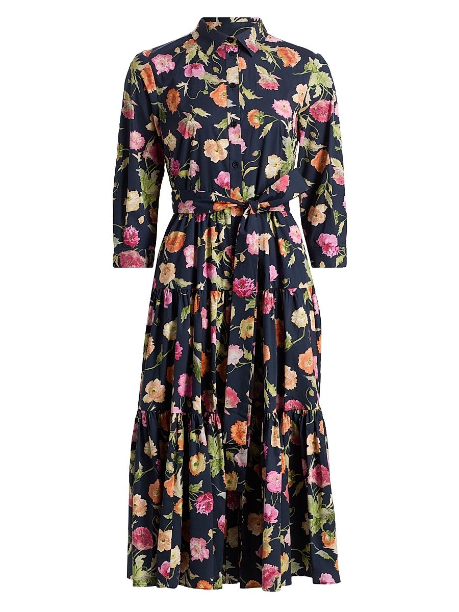 Women's Poppy-Print Tiered Midi-Shirtdress - Midnight Multi - Size 16