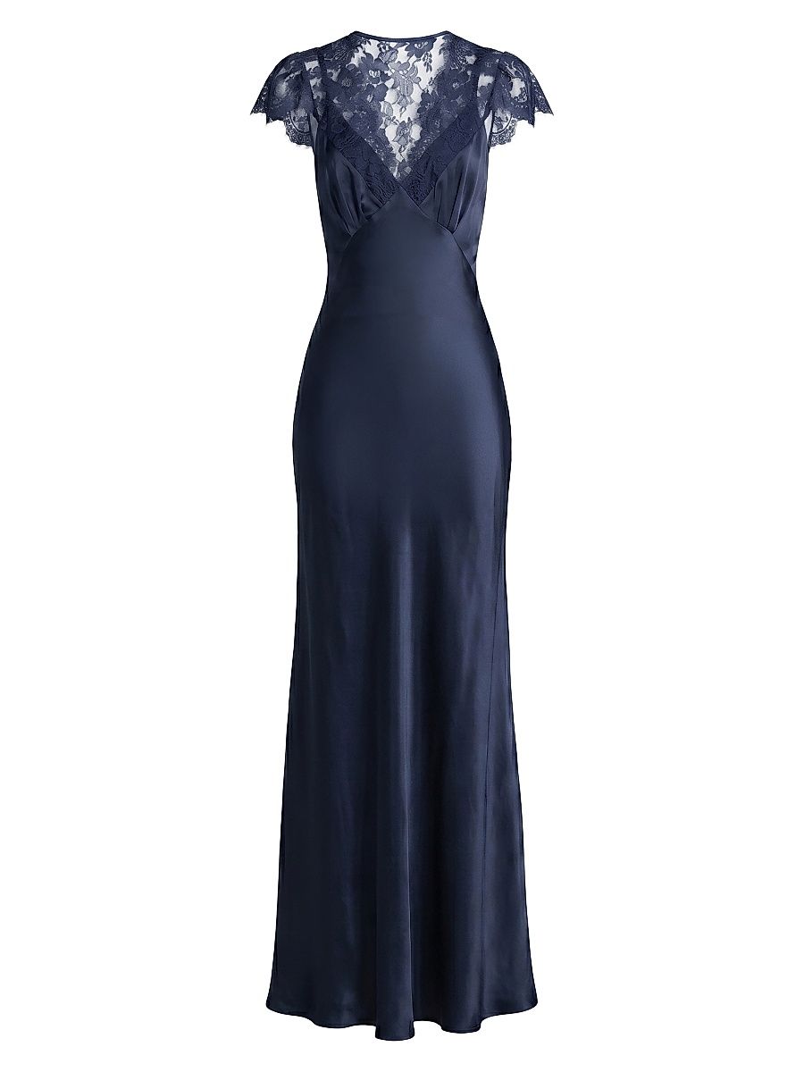 Women's Floral Laced Silk-Blend Column Gown - Midnight - Size 8