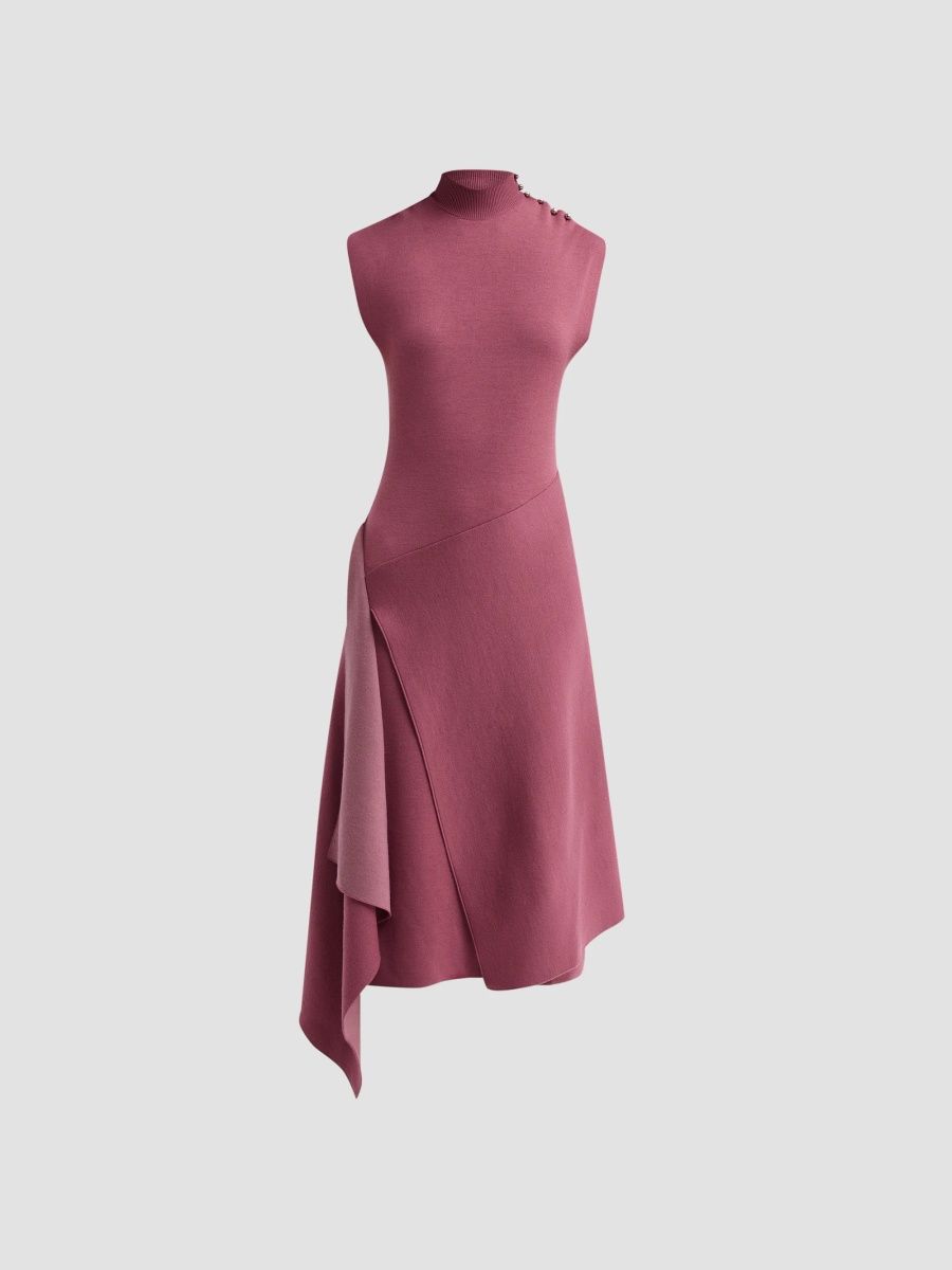 Lanvin Women's Mock-Turtleneck Draped Knit Midi Dress - Automne Pink - Size XL