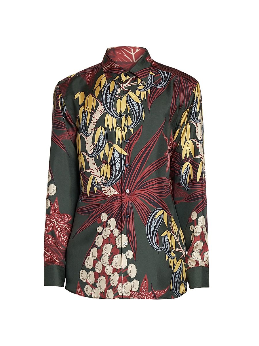 Men's Roma Silk Shirt - Green Print - Size 36