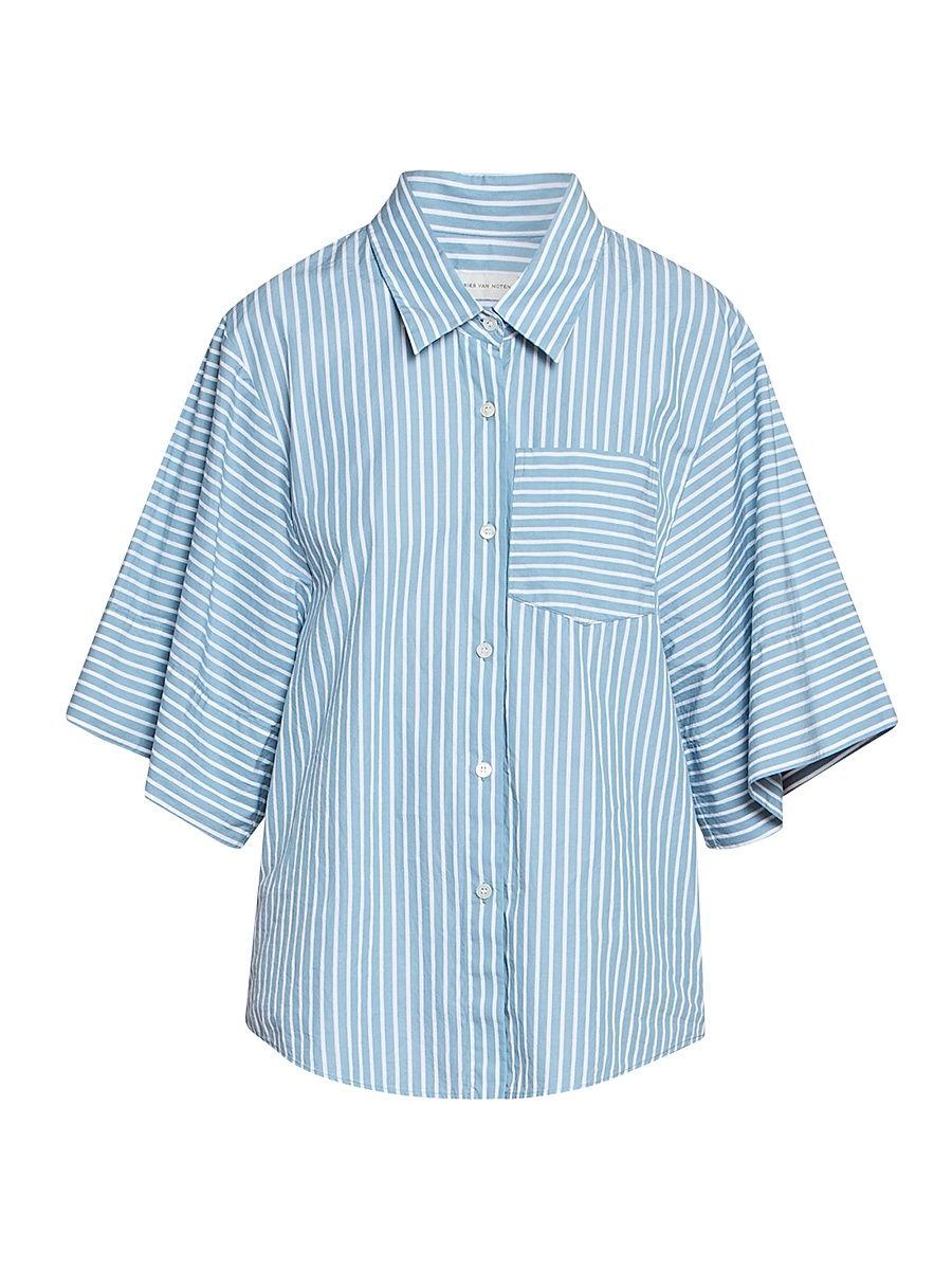 Women's Clea Striped Cotton Poplin Shirt - Aqua - Size 14