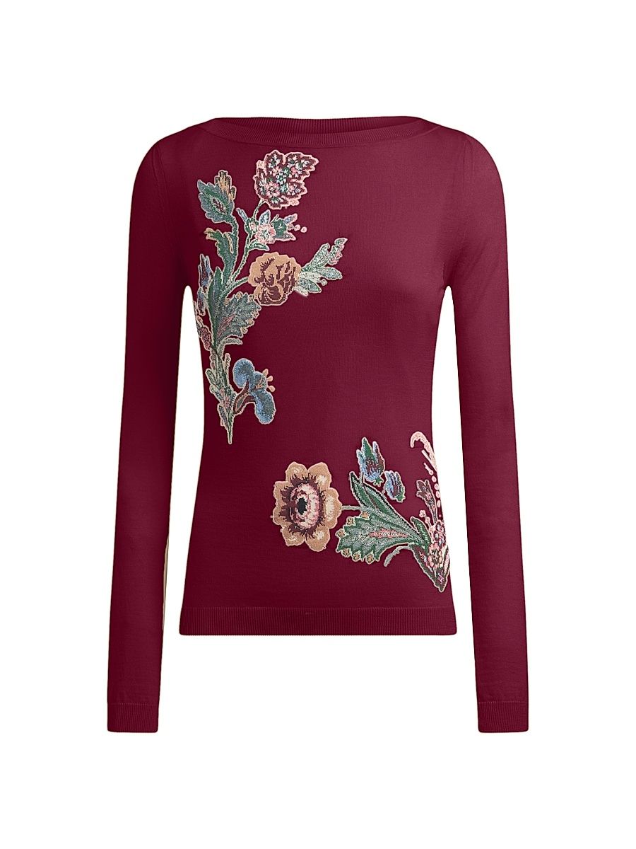 Women's Embroidered Wool-Blend Sweater - Melanzana Scurissimo - Size 8