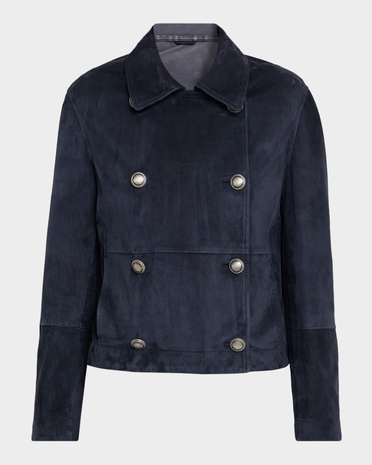 Couture Suede Double-Breasted Short Trench Jacket