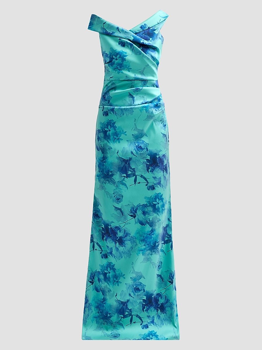 Women's Floral Ruched Stretch-Gazar Gown - Aqua Multi - Size 18