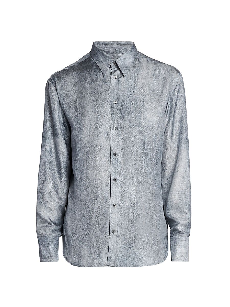 Men's Blur Printed Silk Shirt - Dusty Blue - Size 15.5