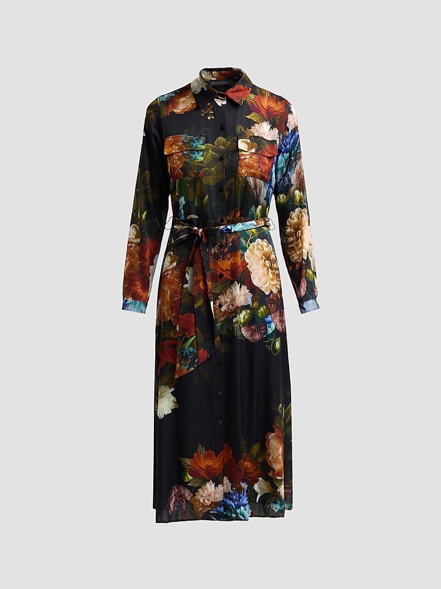 Women's Kataleya Floral Stretch-Silk Self-Belt Midi-Shirtdress - Mystical Forest Print - Size 16