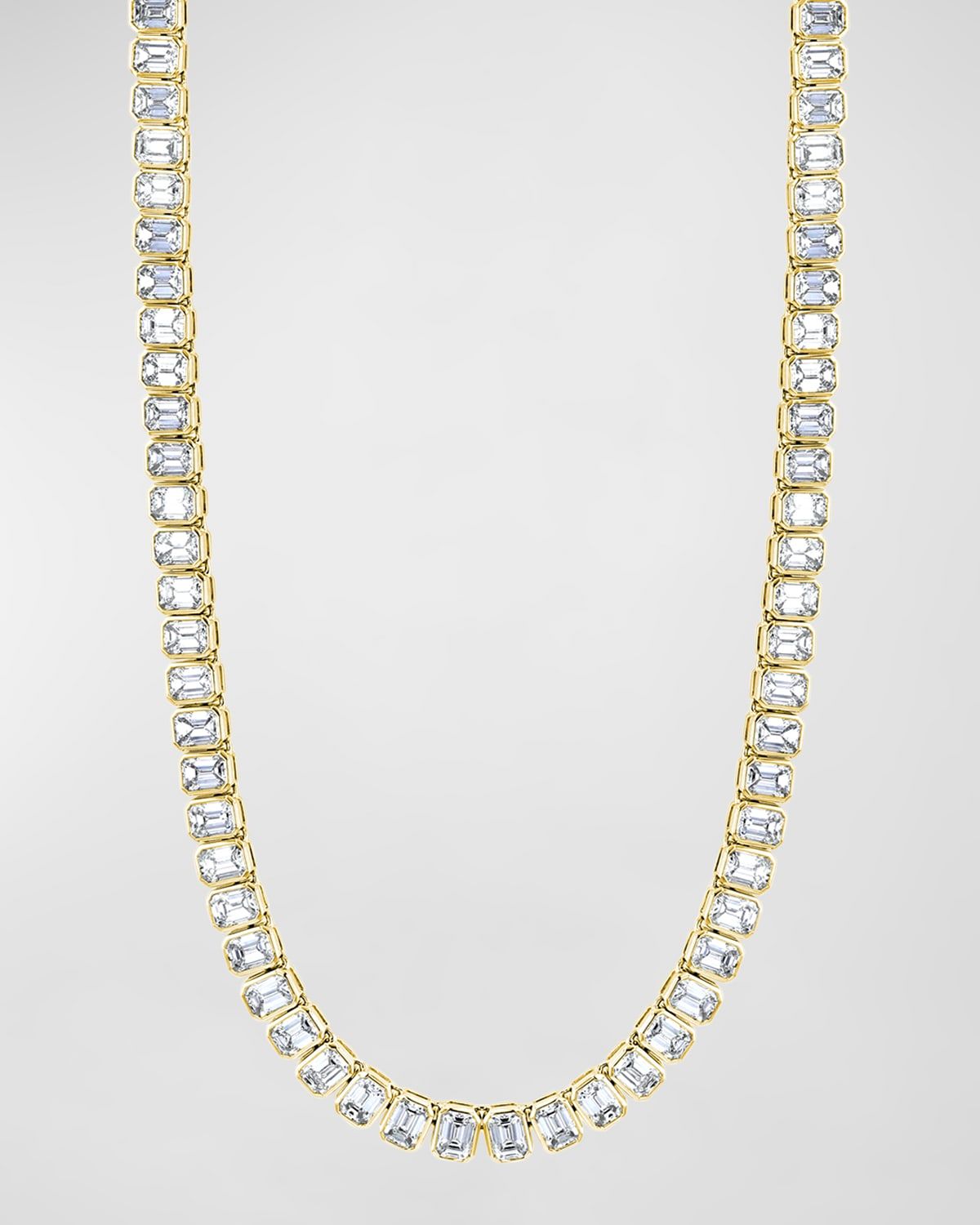 18K Gold 16" North South Bezel Set Emerald-Cut Diamond Tennis Necklace, 13.10tcw