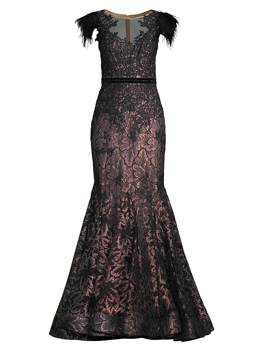 Women's Velvet Floral Applique Mermaid Gown - Black - Size 16