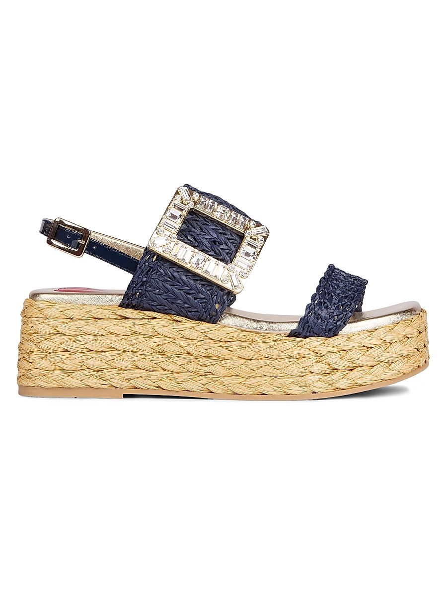 Women's Strass Buckle 60MM Raffia Wedge Sandals - Blue - Size 11