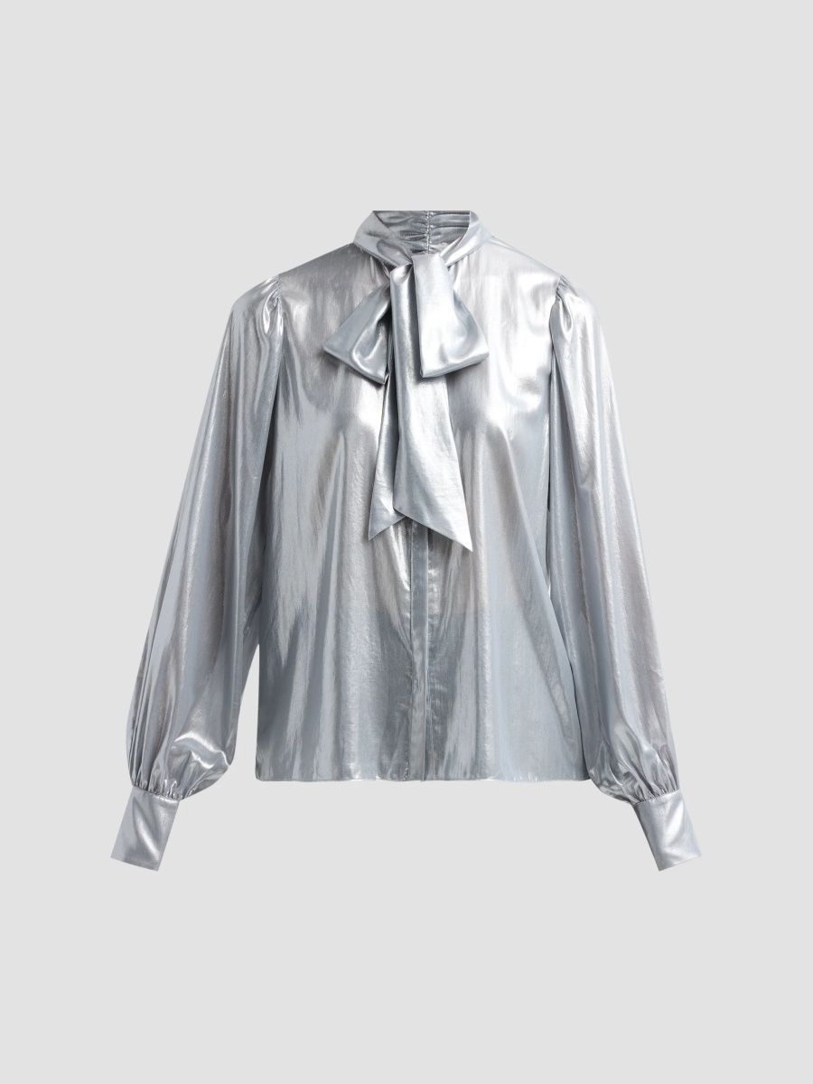 Ramy Brook Women's Noa Metallic Semi-Sheer Tieneck Blouse - Light Silver - Size XL