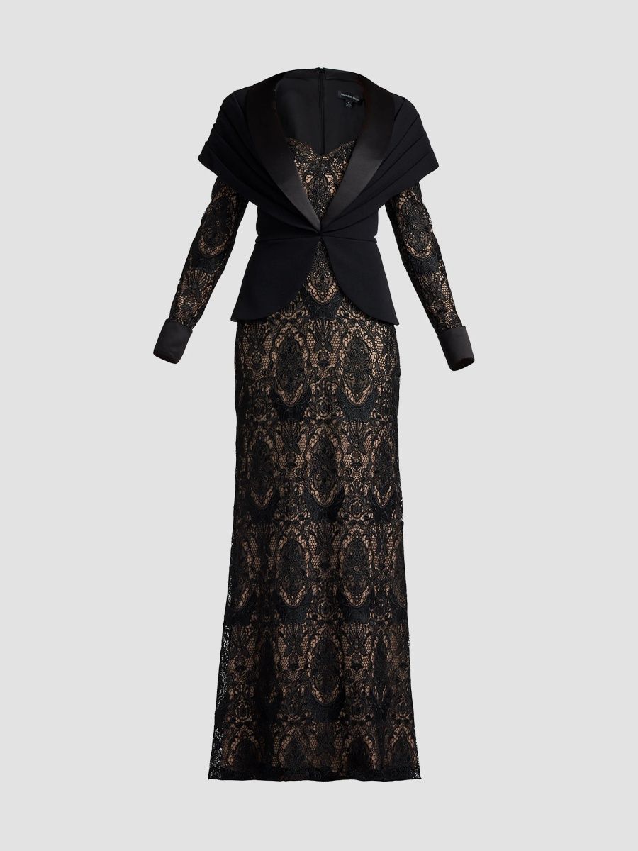 Tadashi Shoji Women's Carlotta Lace Illusion Gown - Black Beige - Size 20