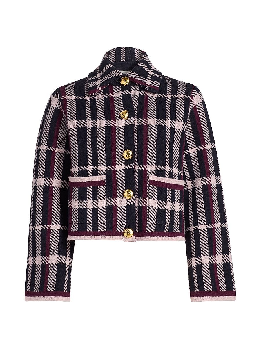 Women's Delilah Plaid Merino Wool Cardigan Jacket - Navy Plaid - Size Large