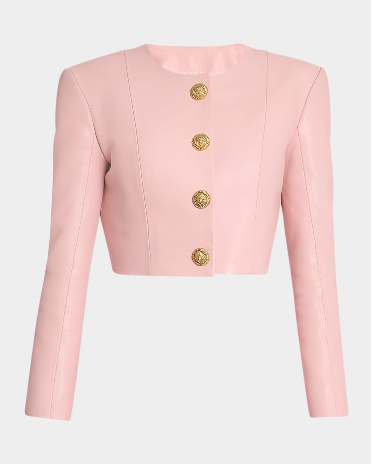 Buttoned Strong-Shoulder Leather Crop Jacket