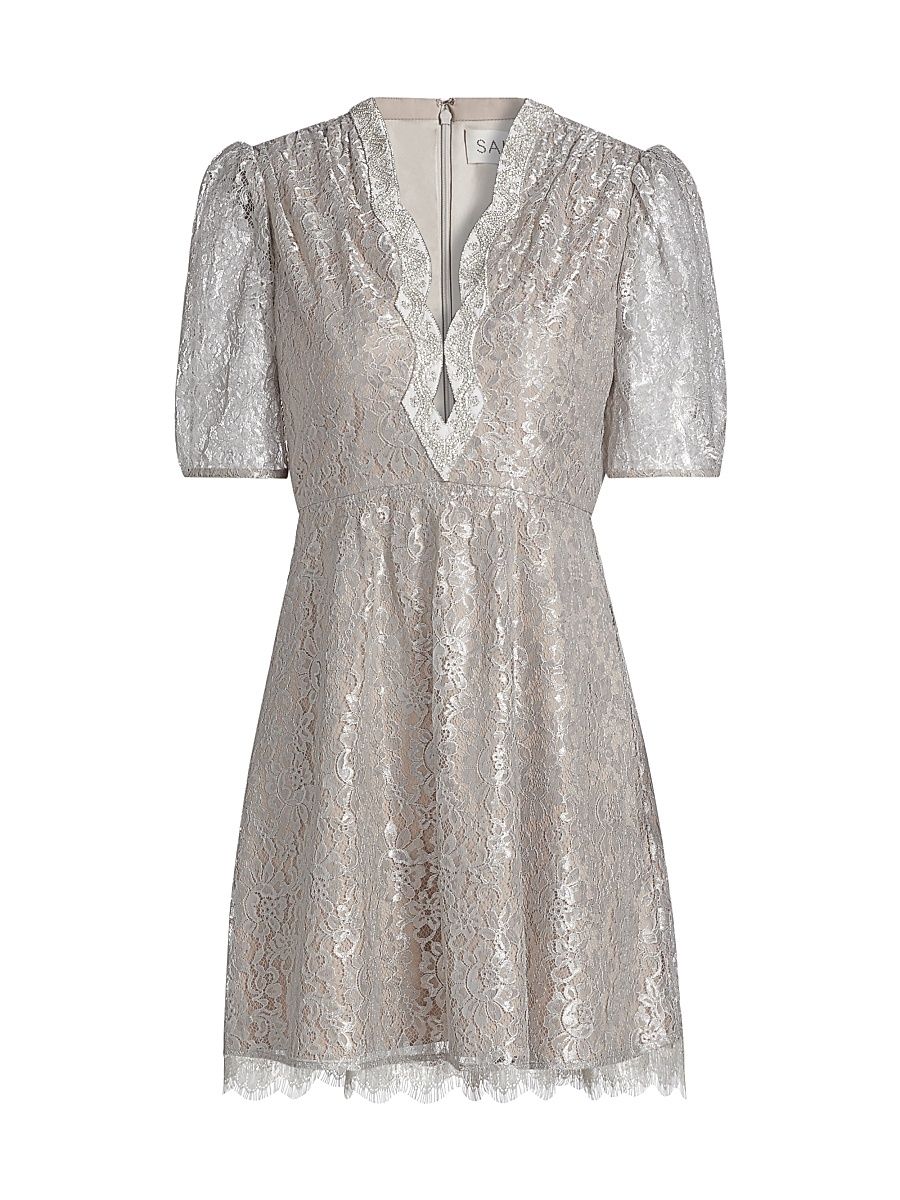 Women's Tabitha Metallic Lace Minidress - Silver Ivory Embroidery - Size 12