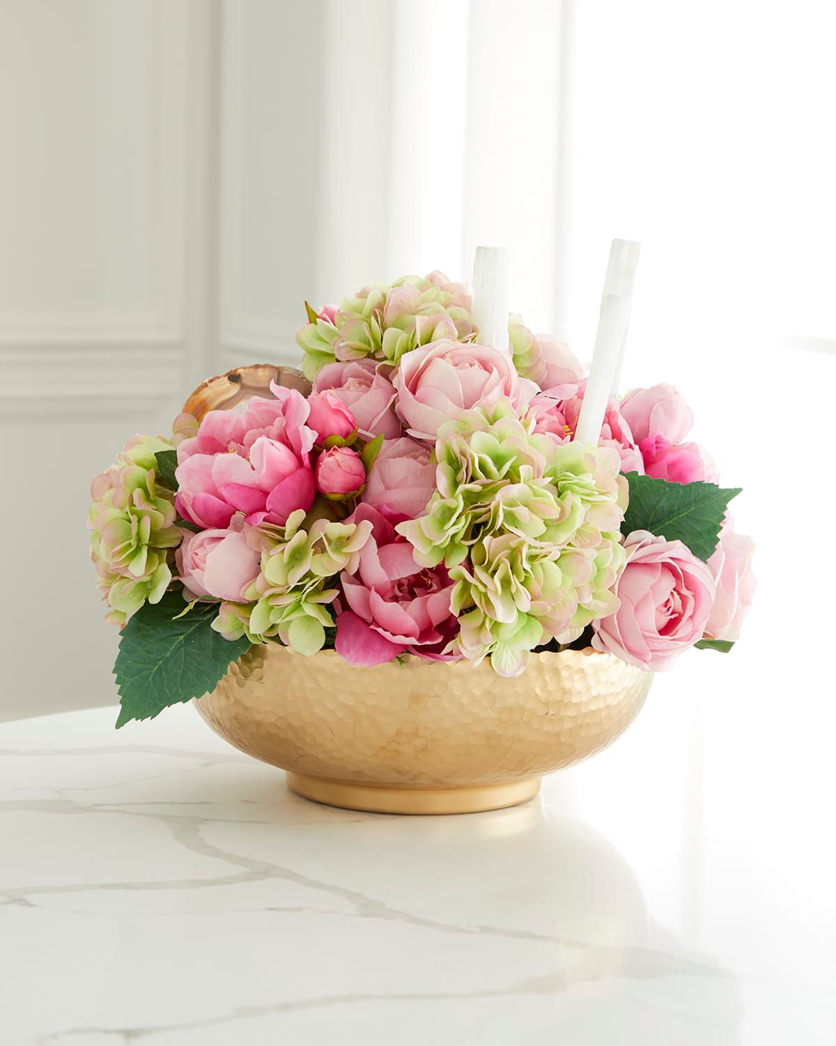Hydrangea Faux Floral Arrangement in Hammered Metal Bowl with Selenite and Agate Slabs - 17"