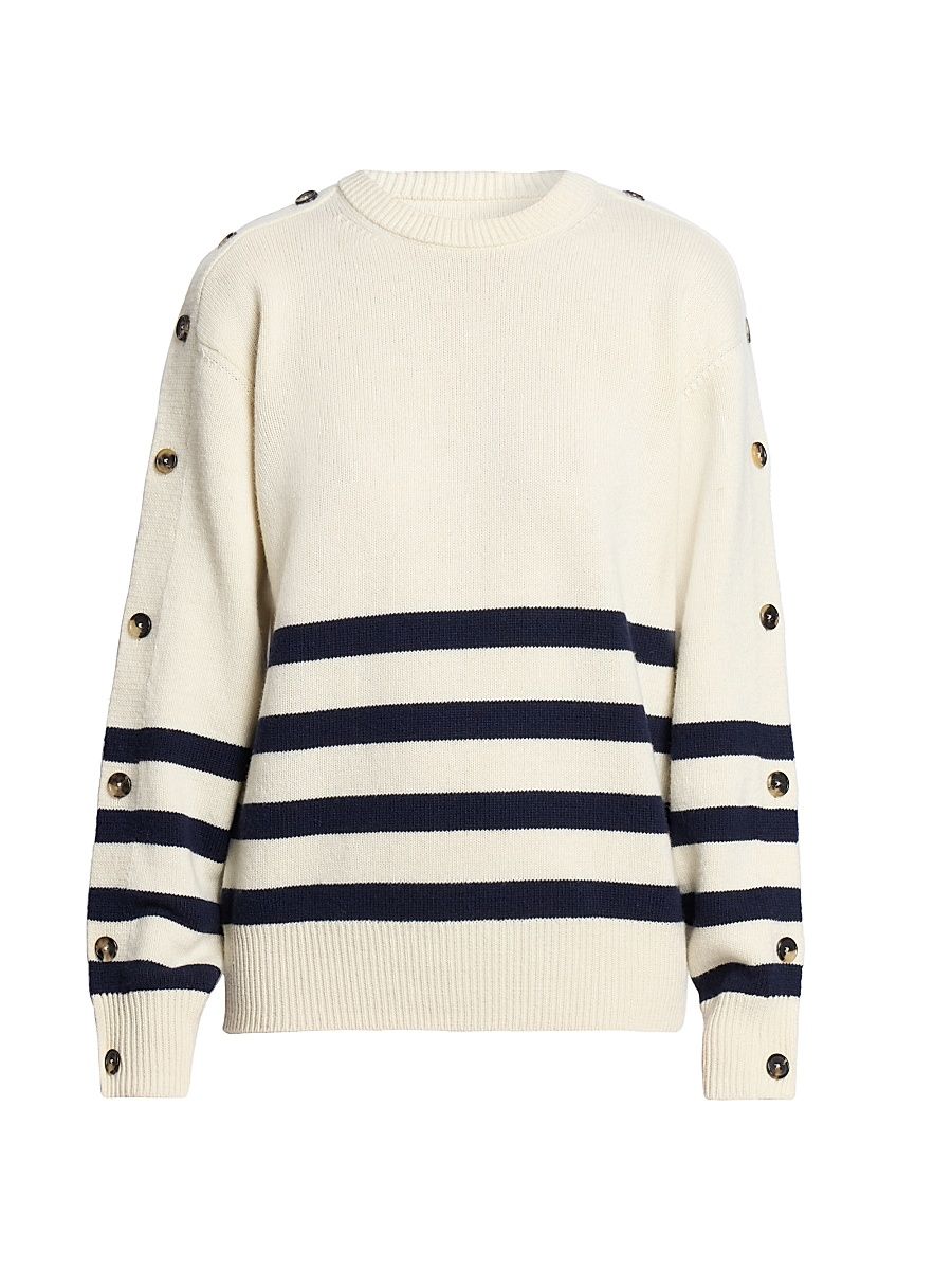 Women's Striped Button-Trim Wool Sweater - Ivory - Size XL