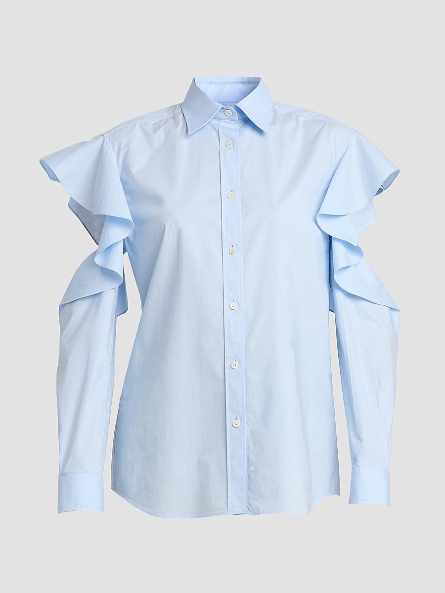 Women's Ruffle Cold Shoulder Button-Front Blouse - Multi Light Blue - Size 4