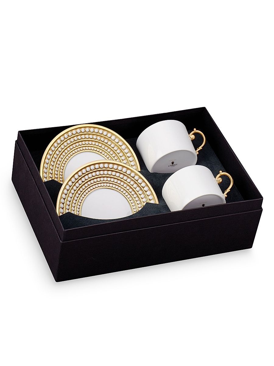 4-Piece Perlée Tea Cup & Saucer Set - Platinum