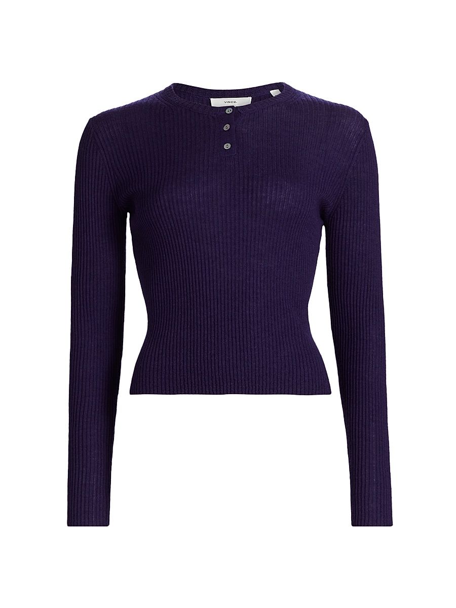 Women's Rib-Knit Cashmere-Silk Henley - Deep Iris - Size XL