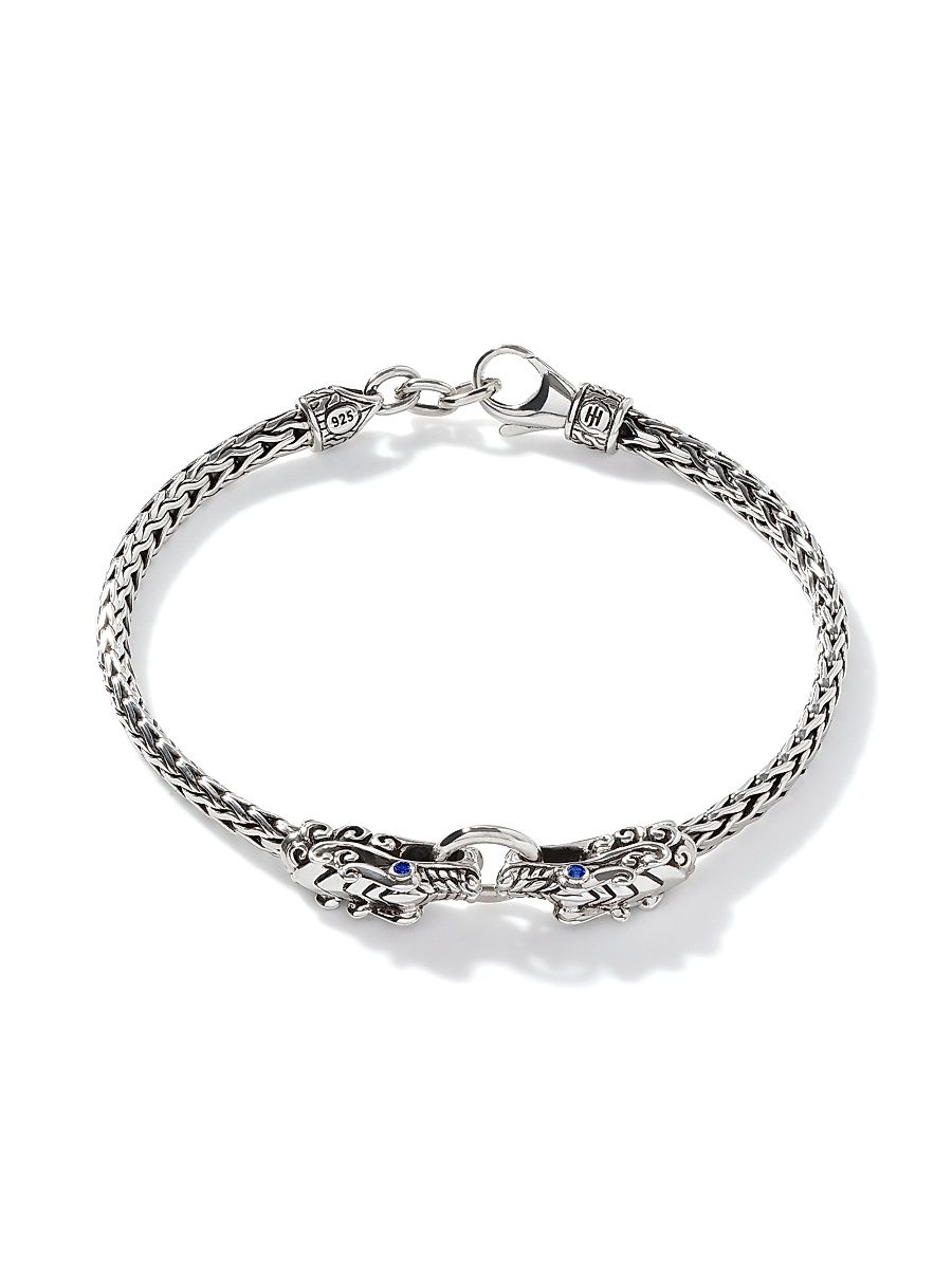 Women's Naga Dragon Silver & Blue Sapphire Double Dragon Head Slim Chain Bracelet - Silver - Size Small