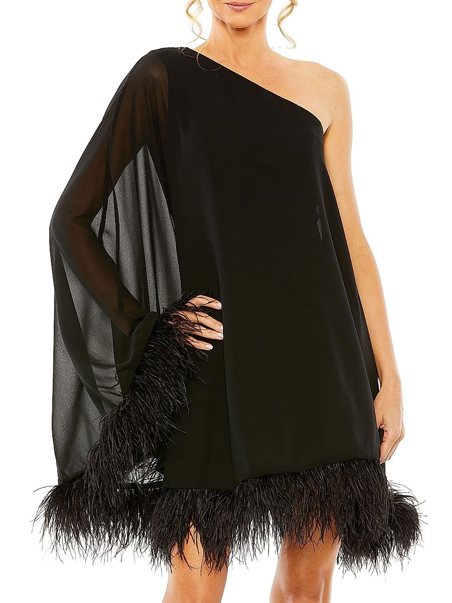 Women's Feather-Trimmed Trapeze One-Shoulder Dress - Black - Size 4