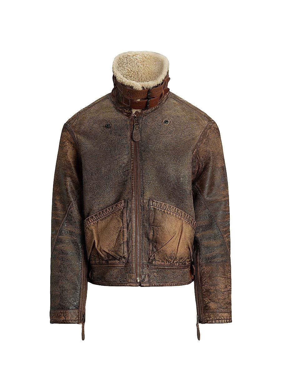 Men's Shearling-Lined Bomber Jacket - Brown Earth - Size Medium