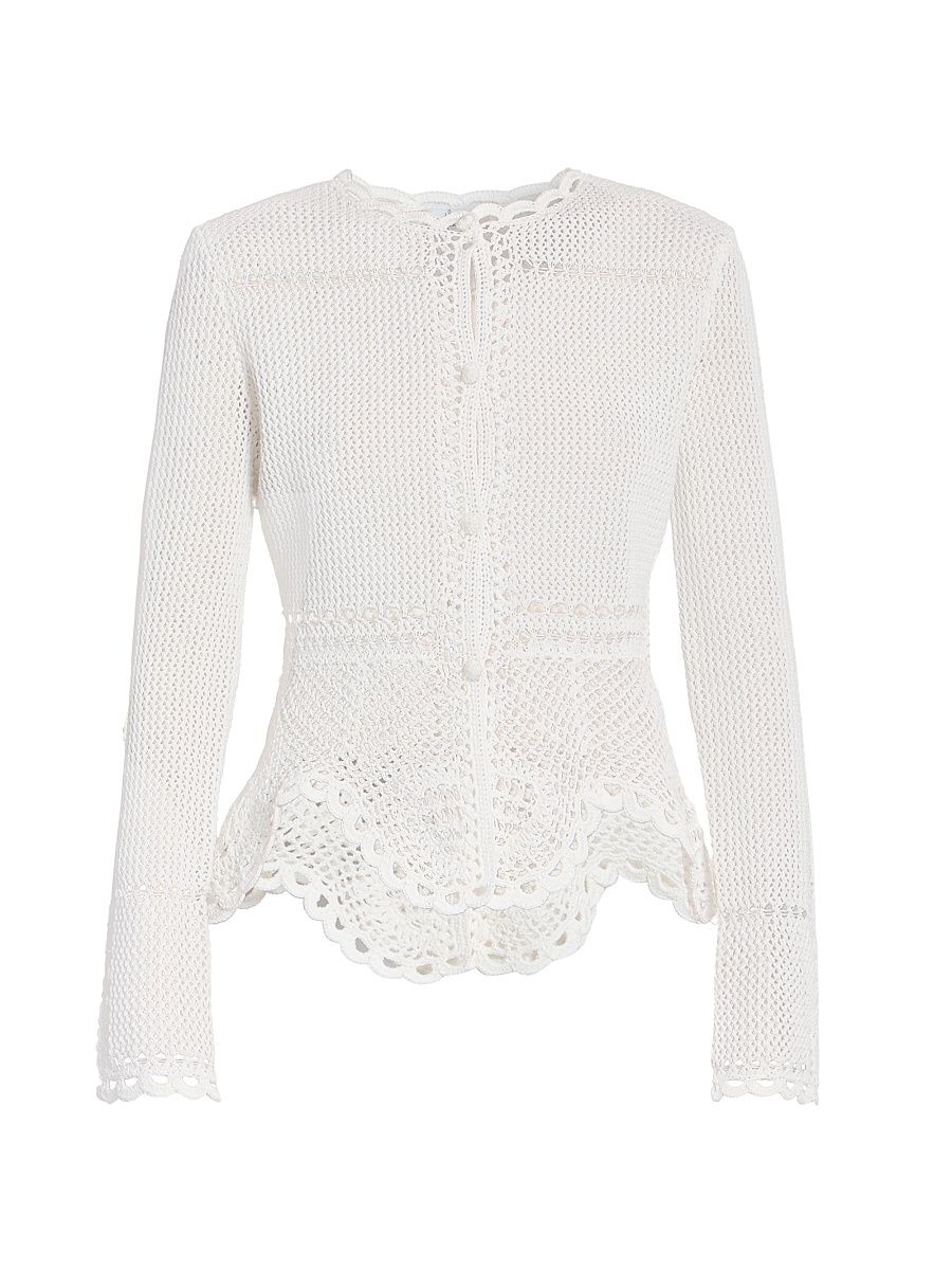 Women's Cotton Crochet Peplum Cardigan - Ivory - Size Large