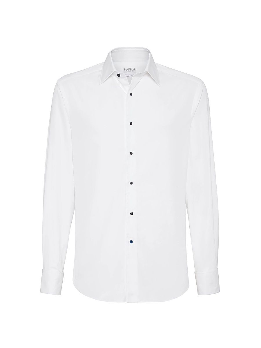 Men's Cotton Twill Slim Fit Tuxedo Shirt with Spread Collar - White - Size Small