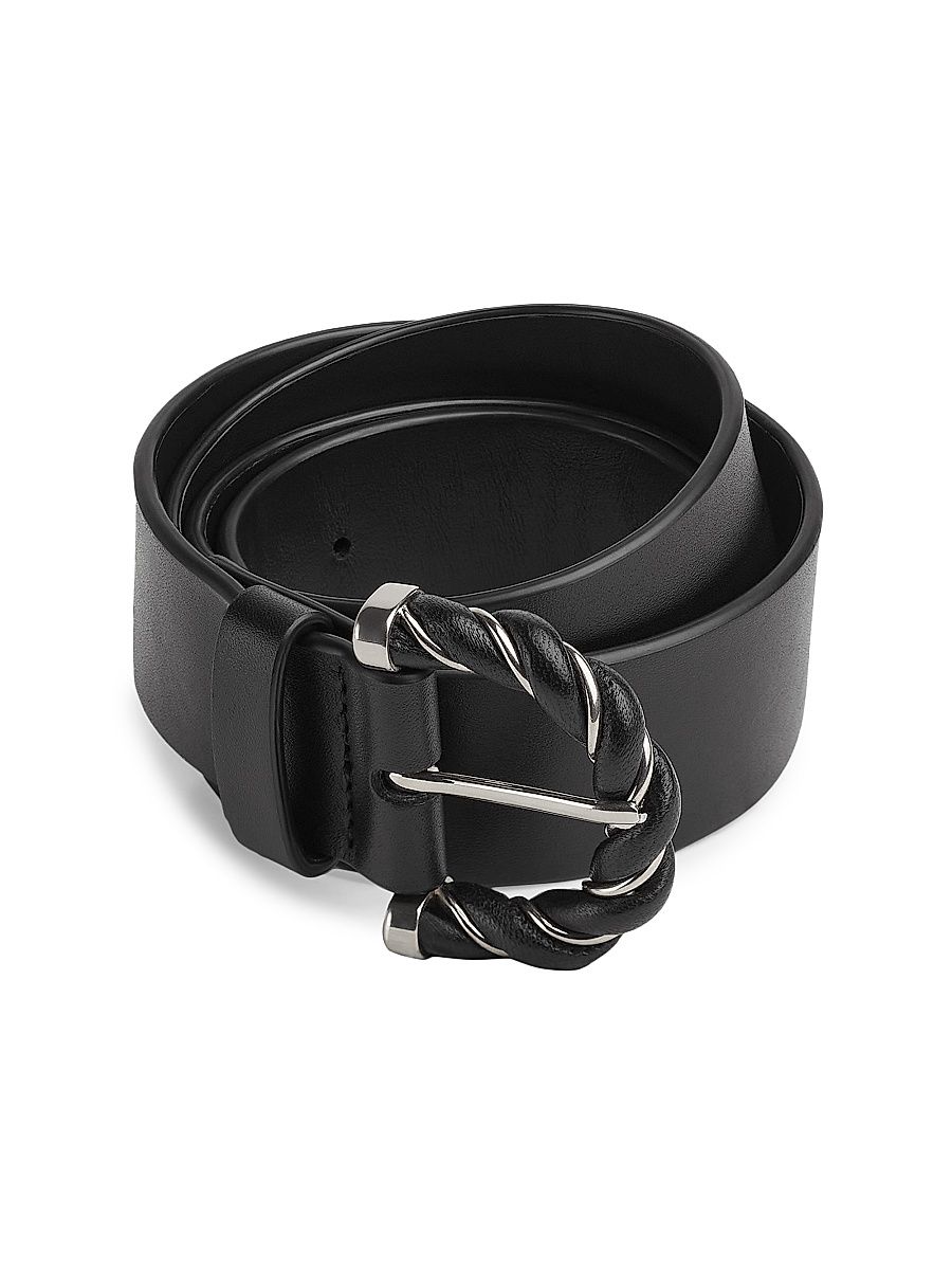 Women's Twisted-Buckle Leather Belt - Black Silver - Size Small