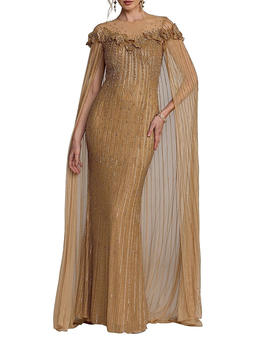 Women's Floral Beaded Mesh Cape Gown - Beige Gold - Size 12