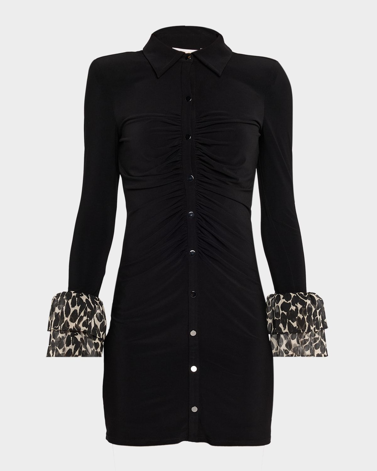 Foliage Printed Tiered Cuff Mini Shirtdress