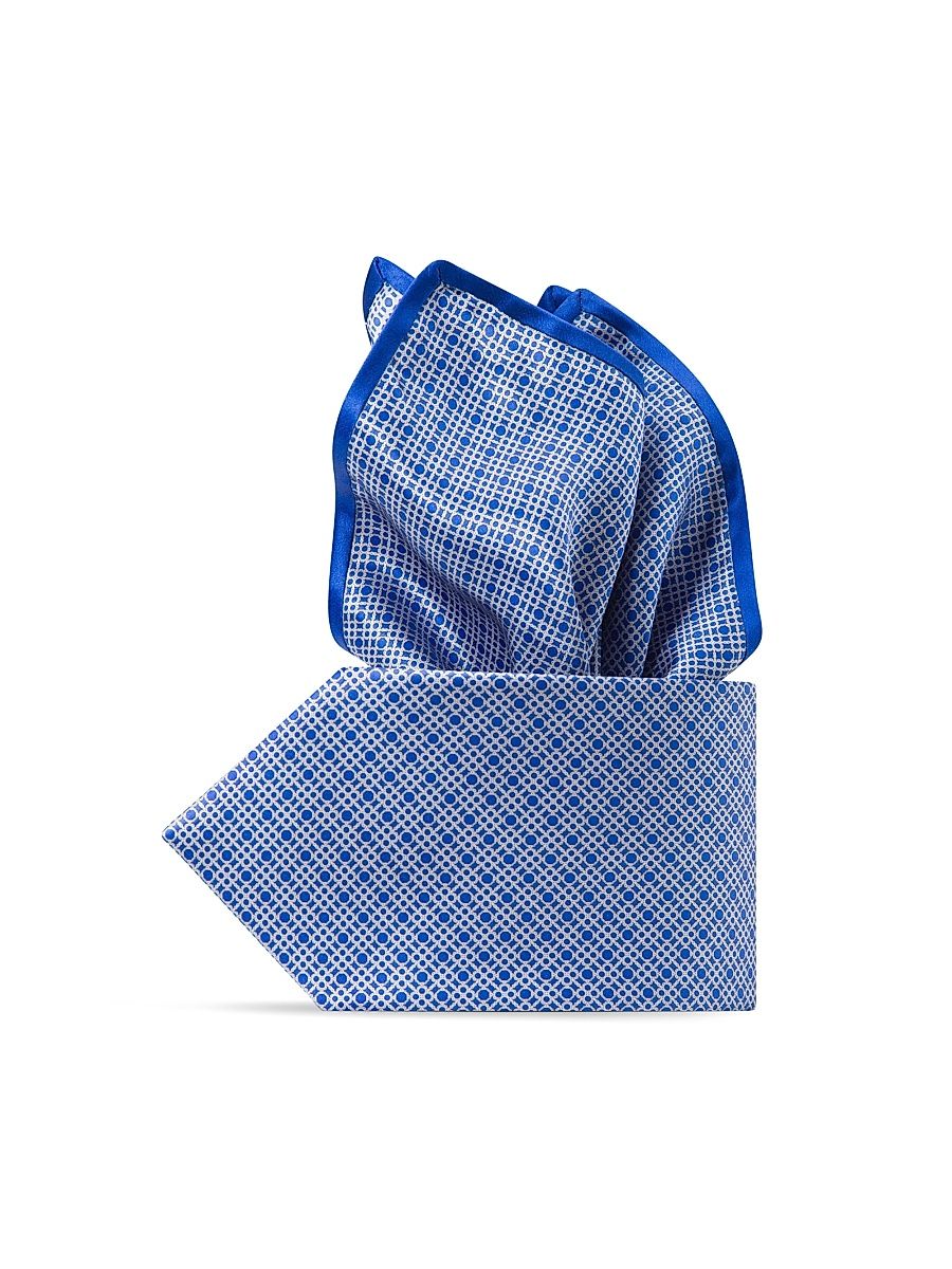 Men's Hand Printed Silk Tie Set - Blue White