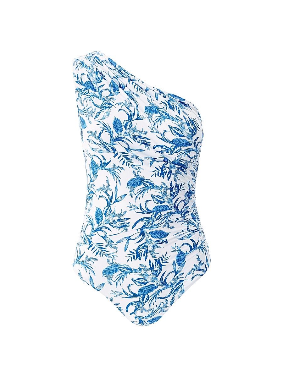 Women's Arizona Botanical Ruched One-Piece Swimsuit - Blue Leaf - Size 12
