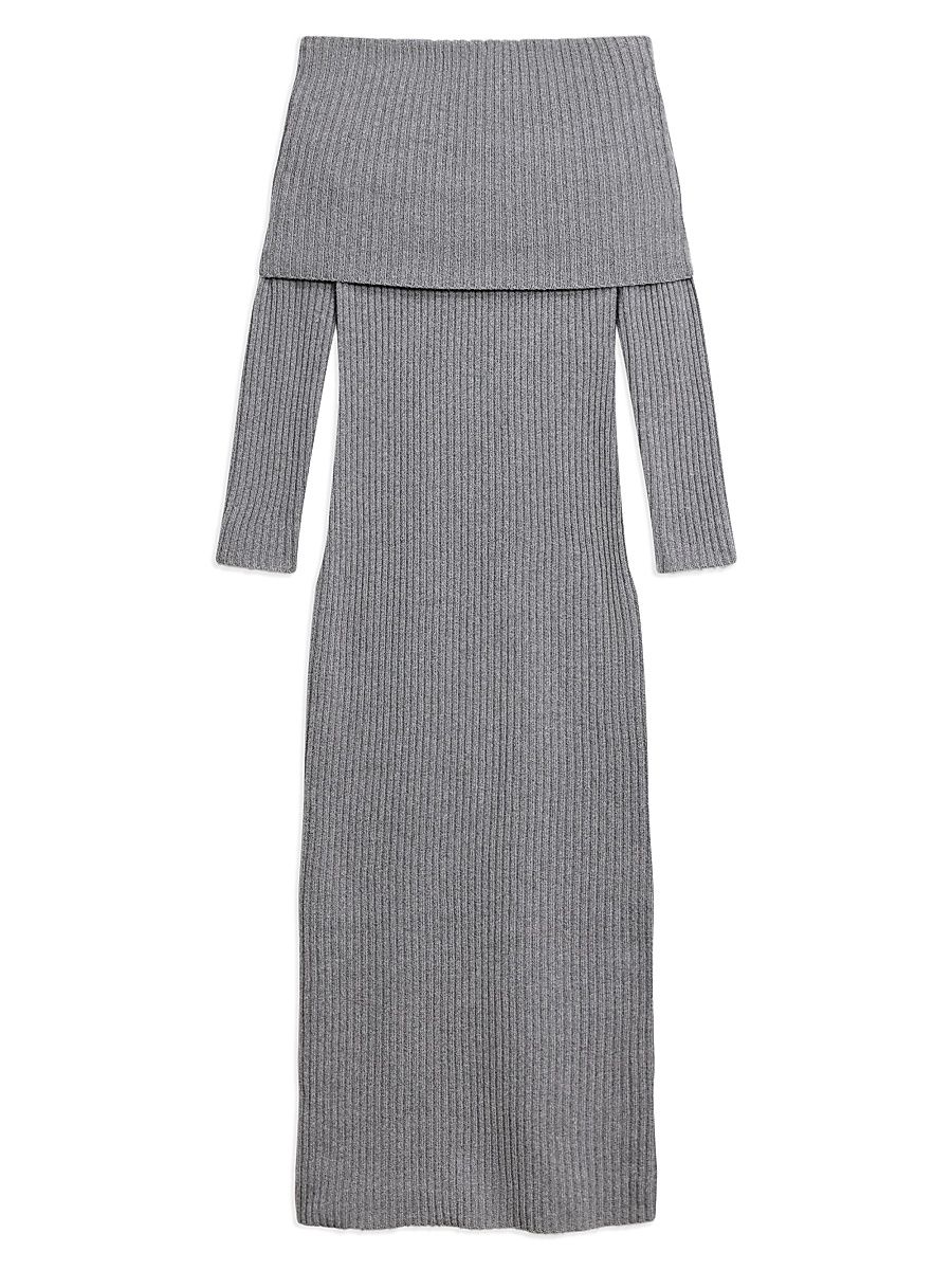Women's Off-The-Shoulder Ribbed Wool-Cashmere Maxi Dress - Grey Heather - Size Large