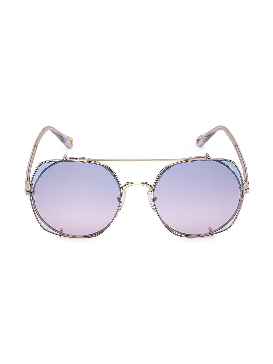 Women's 56MM Round Sunglasses With Clip-On Aviator Lenses - Gold