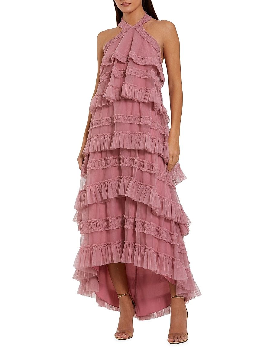 Women's Cocktail Mesh Ruffle Halter Maxi Dress - Rose - Size XL