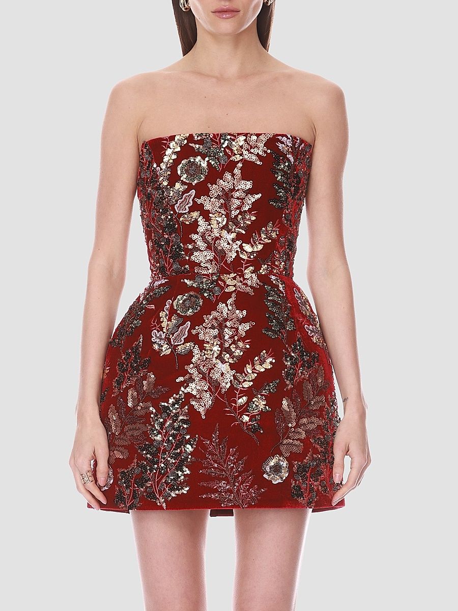 Bronx Banco Women's Embellished Velvet Fit & Flare Strapless Mini Dress - Merlot Multi - Size XL