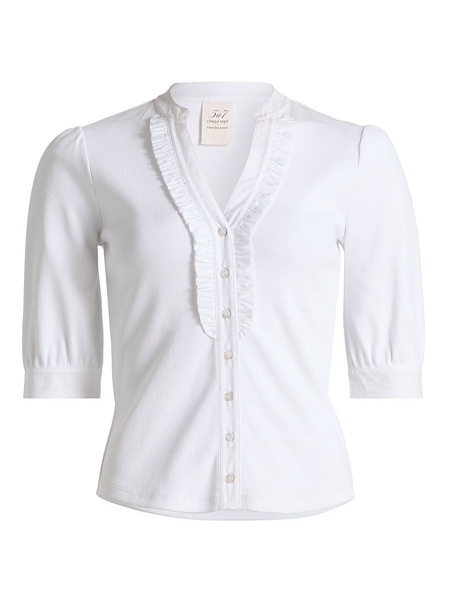 Women's Justine Ribbed Stretch-Cotton Button-Front Blouse - White White - Size XL