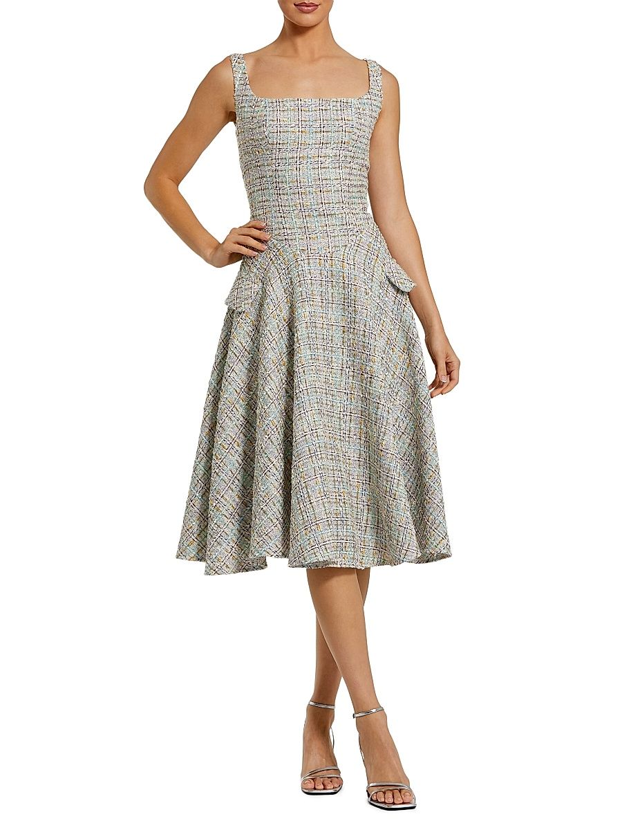 Women's Checked Tweed Midi-Dress - Pastel Multi - Size 0