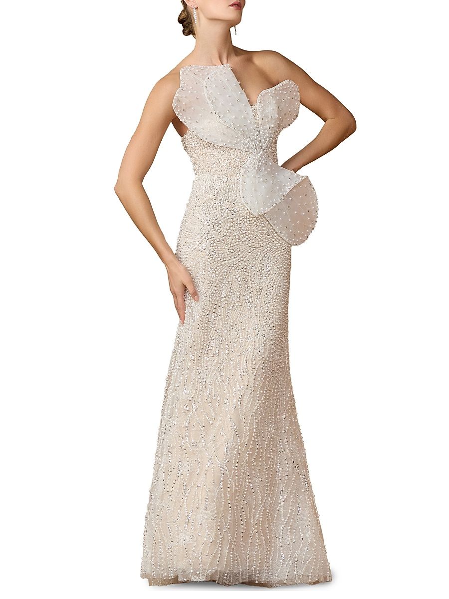 Women's Bow-Detail Bead-Embellished Organza Strapless Gown - Ivory Beige - Size 12