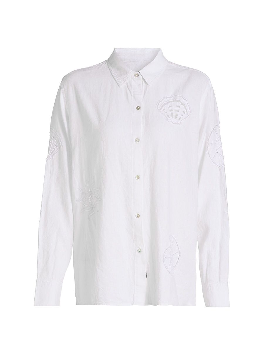 Women's Charli Eyelet Embroidered Linen-Blend Shirt - White Seashells - Size XS