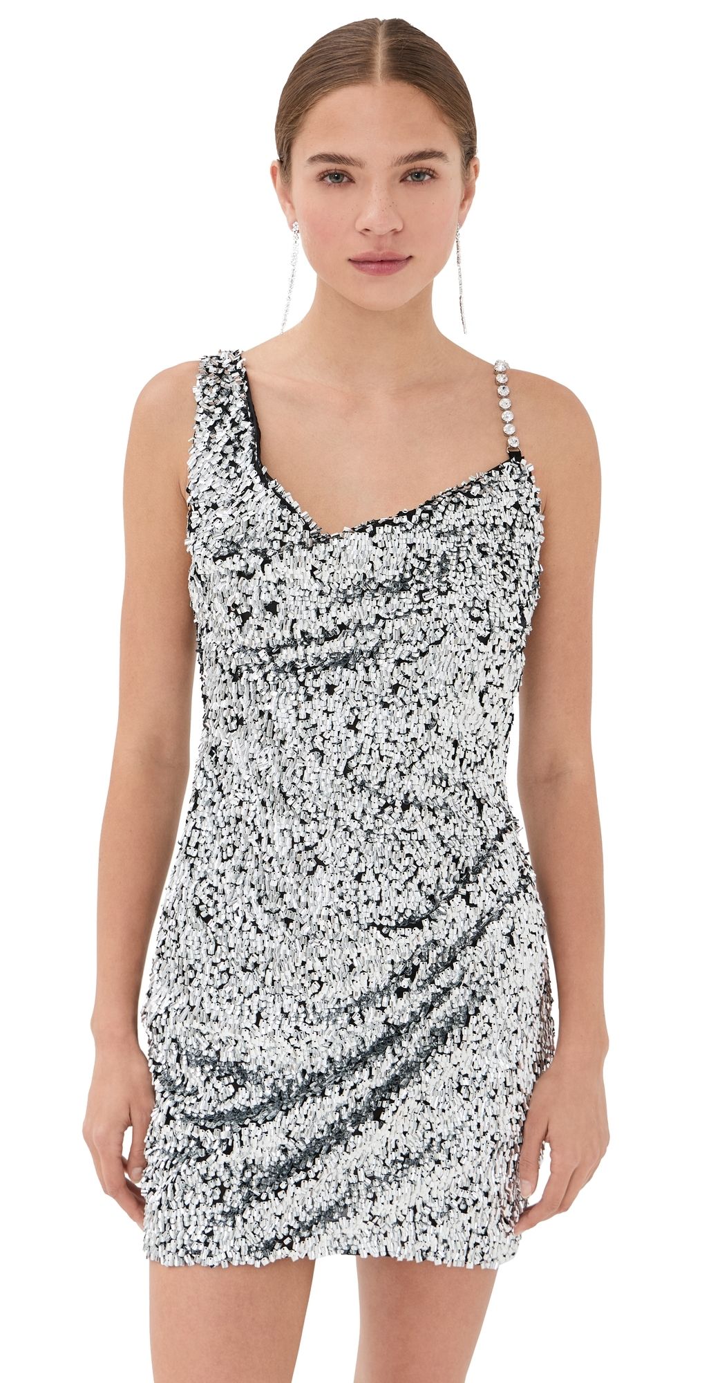 AREA Crystal Strap Sequin Mini Dress Silver 0