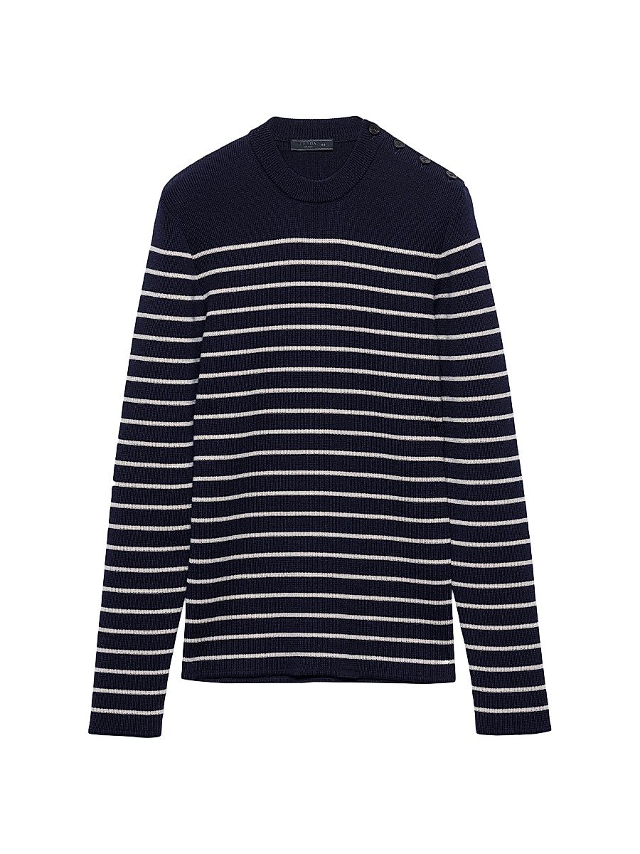 Men's Striped Superfine Wool Crew-Neck Sweater - Blue - Size 44