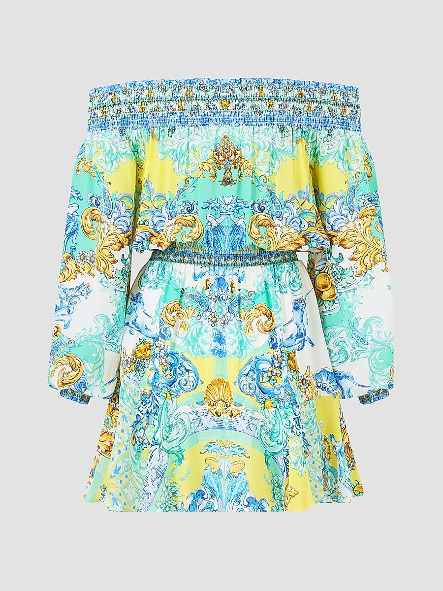 Women's Printed Shirred Silk A-Line Mini Dress - Dial Up The Tiles - Size XS