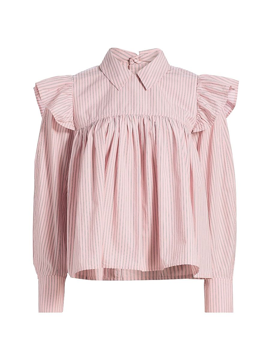 Women's Oxford Striped Frill Blouse - Chalk Pink - Size 14