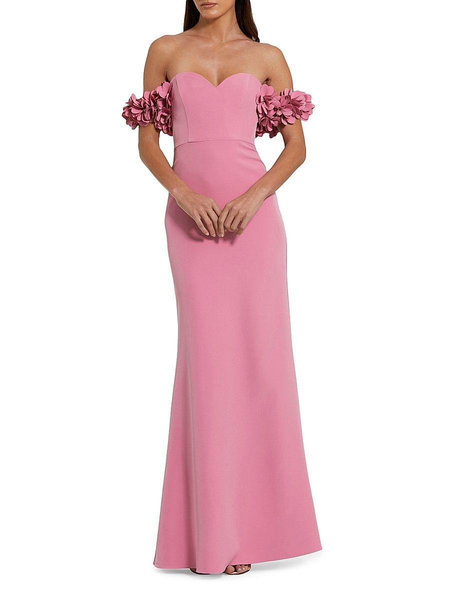 Women's Crepe 3D Flower Off-The-Shoulder Gown - Rose - Size 16
