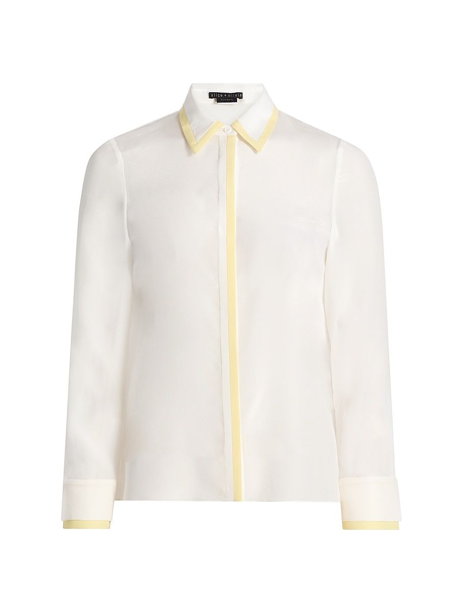 Women's Willa Contrast-Trim Silk Shirt - Off White Butter - Size XL