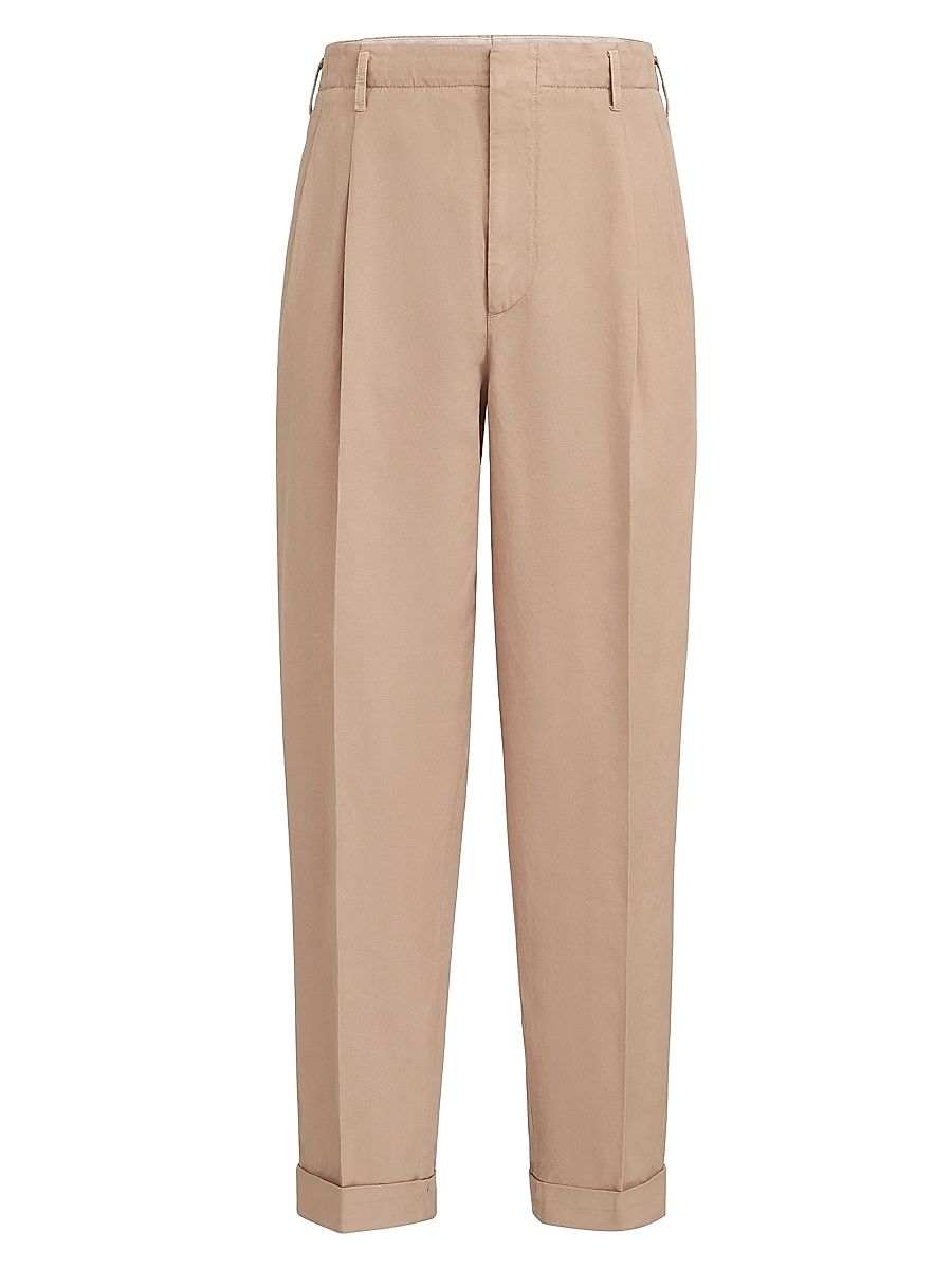 Men's Garment Dyed Trousers in Cotton and Linen Canvas with Double Pleats - Tobacco - Size 40