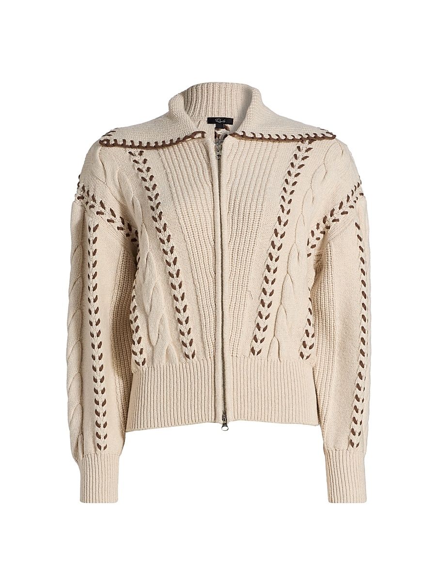 Women's Lune Stitched Zip-Front Jacket - Oatmeal Brown Whip Stitch - Size Large